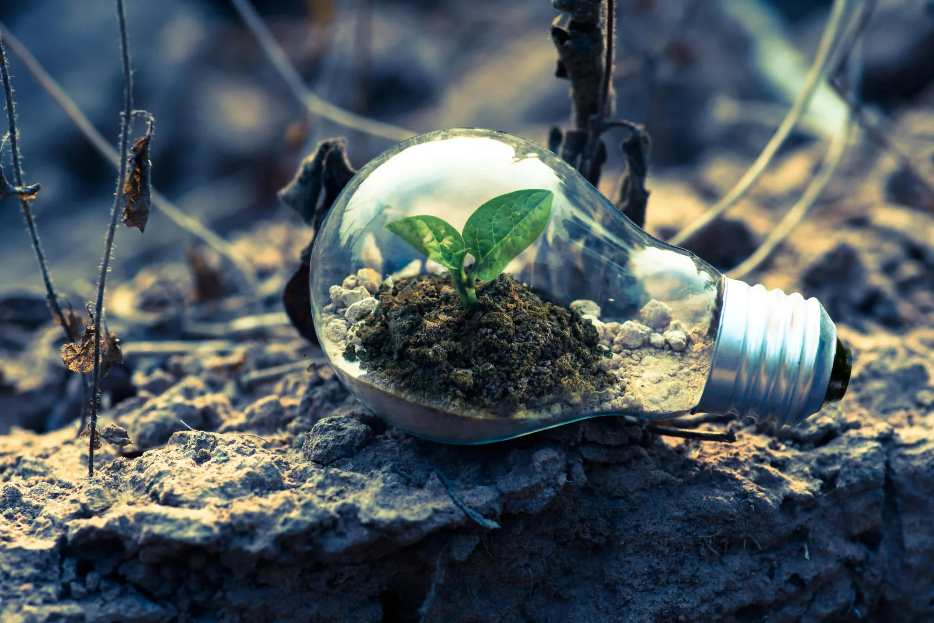 An empty glass bulb placed on the barren ground, containing soil and a small green plant sprouting inside, symbolising sustainability, growth and care for the environment in adverse conditions.