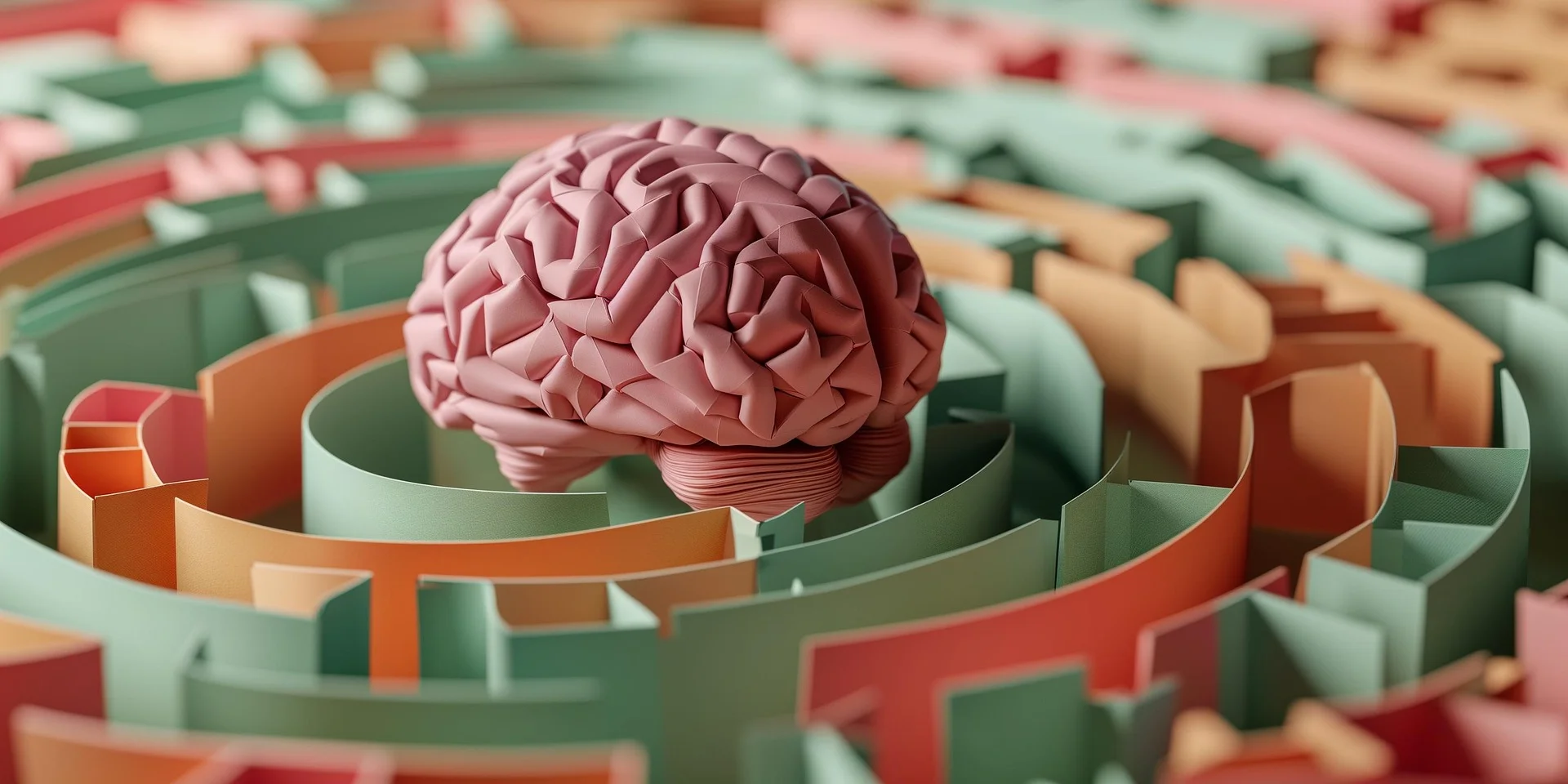 Brain at the center of a colorful maze, representing cognitive challenges and gamified learning