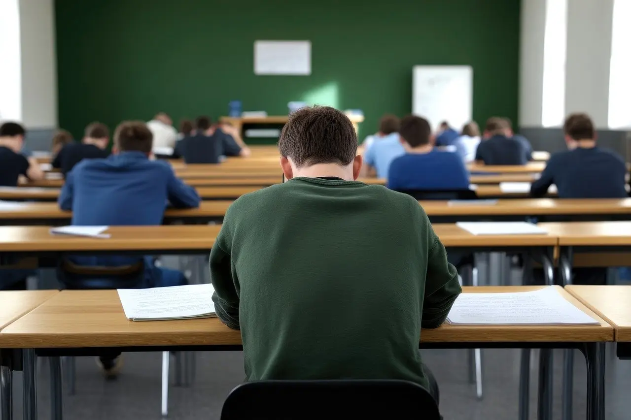 Estudiantes concentrados en un aula durante una clase, sentados en filas con mesas largas, enfocados en sus hojas. El ambiente refleja concentración y silencio académico.