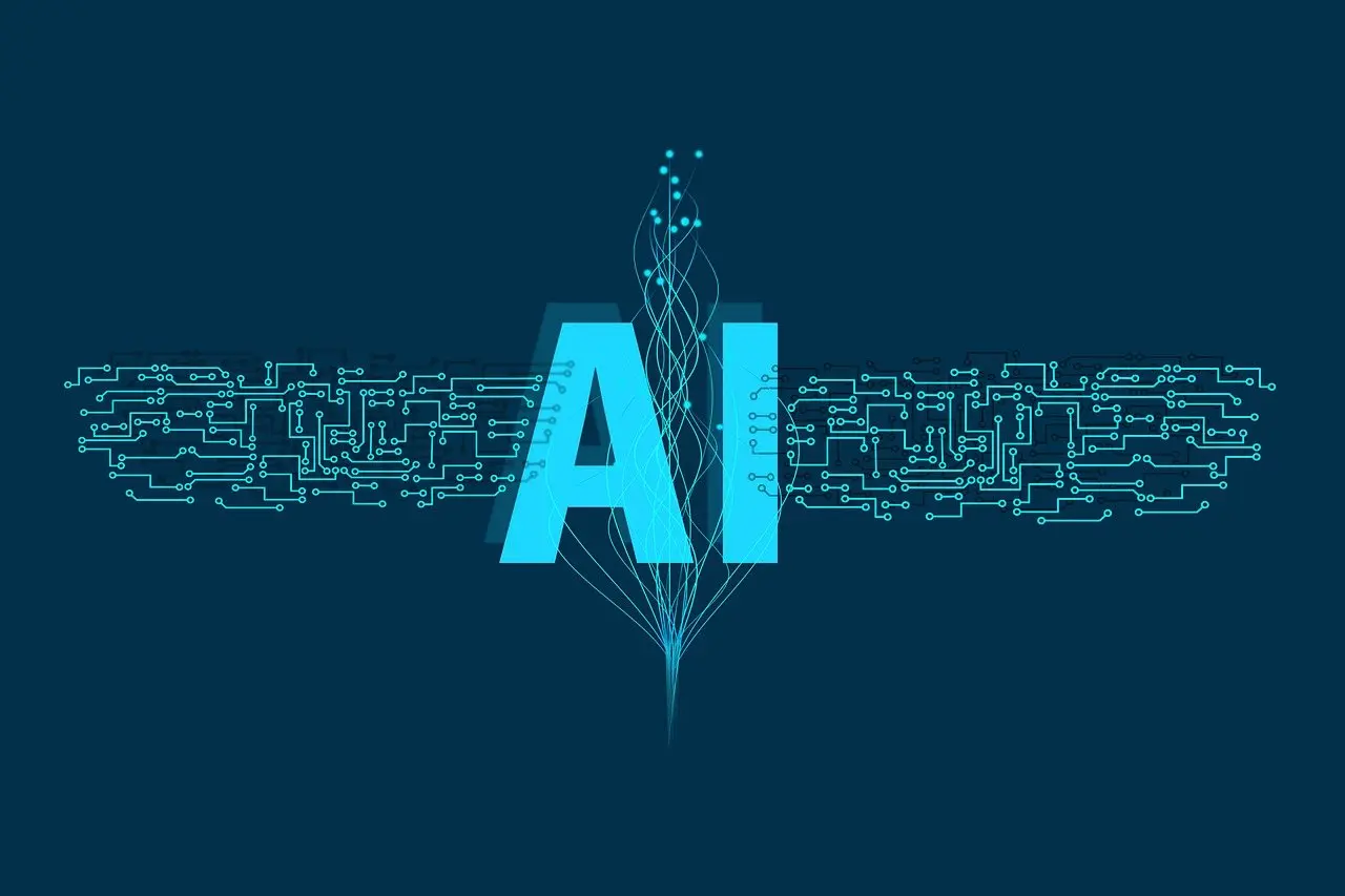 Ilustración del concepto de inteligencia artificial (IA), con las letras 'AI' en el centro conectadas a un diseño similar a circuitos en ambos lados, simbolizando redes neuronales digitales y flujo de datos, sobre un fondo azul oscuro.