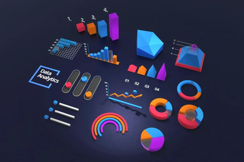 Elementos gráficos que ilustran el concepto de Data Analytics y su visualización en negocios