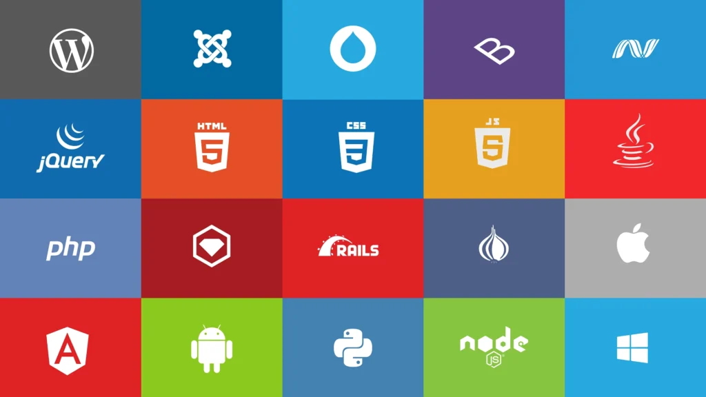 Logotipos de diversas tecnologías web como WordPress, HTML5, CSS3, JavaScript, PHP, Python y más, simbolizando la libertad de elección tecnológica en el desarrollo web.