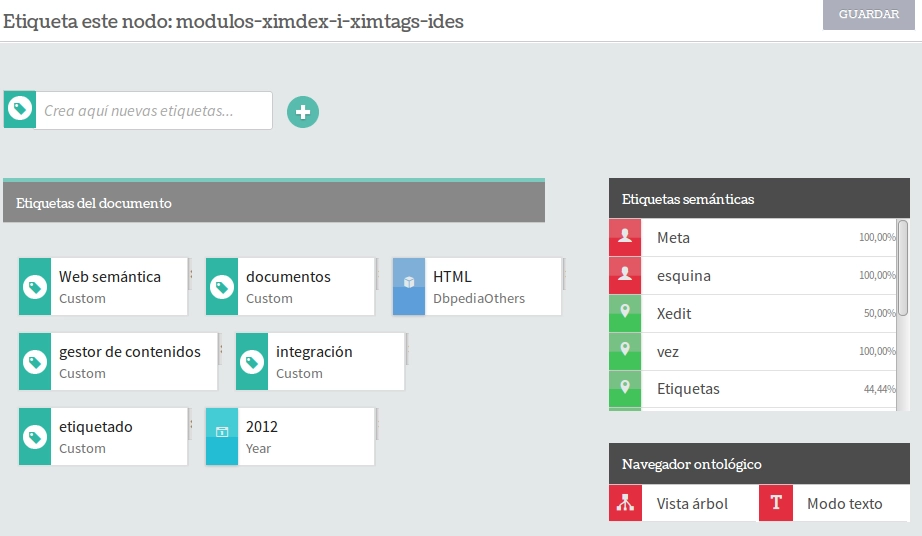 Interfaz del módulo ximTAGS en Ximdex, mostrando opciones de gestión de etiquetas semánticas y navegación ontológica.