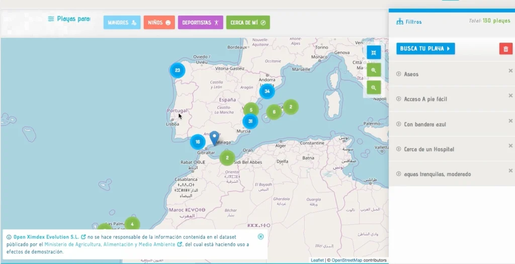 Interfaz del servicio XFIND mostrando un mapa con las playas de España